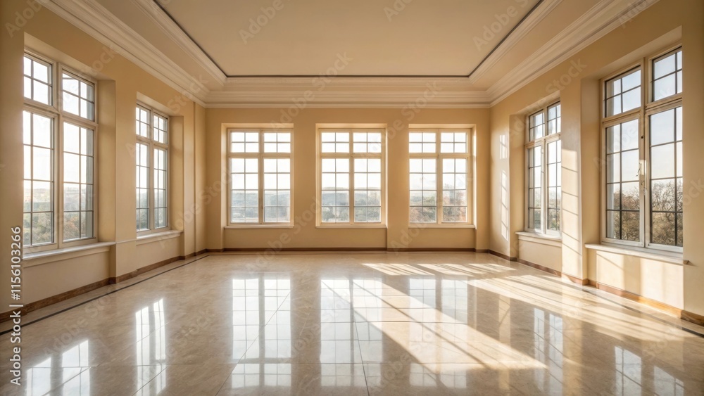 Aufkleber Sunlight streams through expansive unobstructed windows illuminating the soft beige walls of a spacious room. The polished floor reflects the light and the lack of trim emphasizes