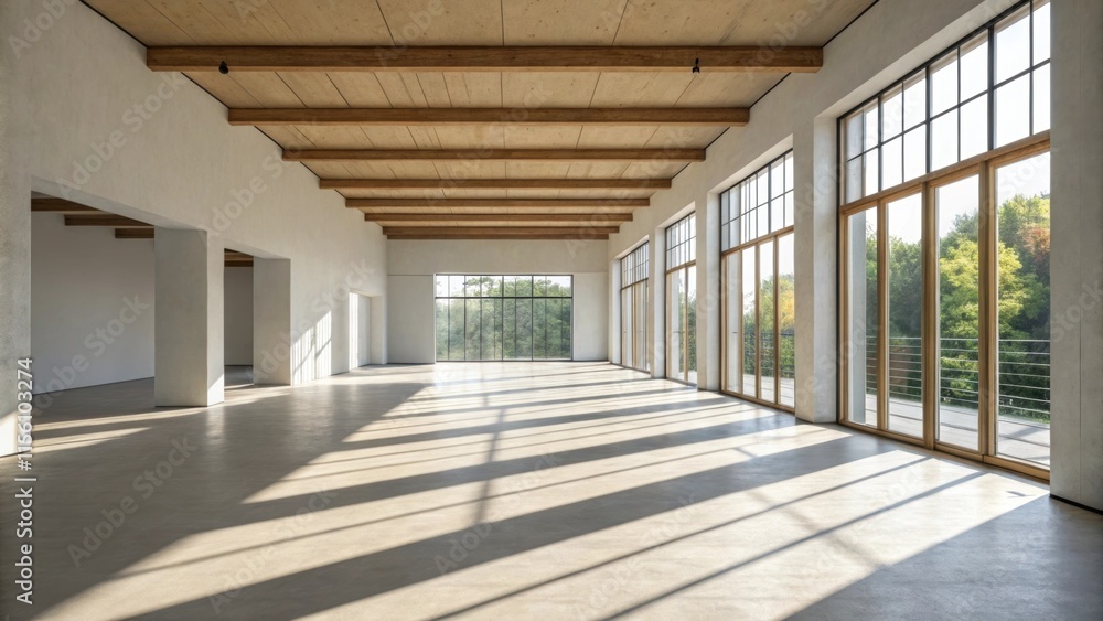 Poster Sunlight floods a minimalist interior showcasing the clean lines of an open layout where shadows fall playfully on floors and unfinished surfaces.