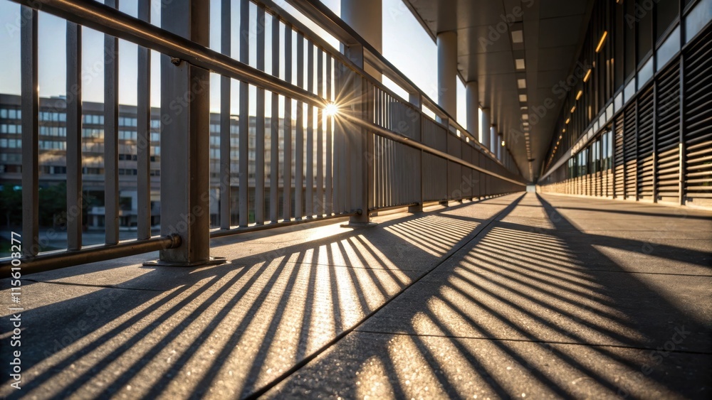 Poster sunlight pierces through gaps in the railing illuminating the tiny imperfections and creating shadow