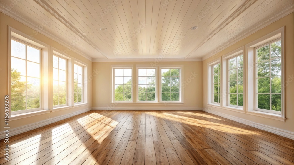 Aufkleber sunlight trates through oversized windows illuminating the subtle grain of unfinished wood floors an