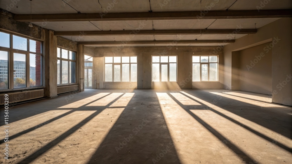 Aufkleber Sunlight shines through the empty room casting shadows on the ground where old furniture once stood now fully cleared to make way for new builtin designs.
