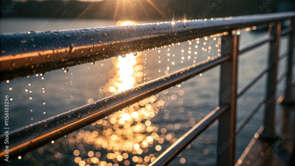 Poster Sunlight dances along the surface of the railing emphasizing the droplets of water from a recent rain bringing to life the metal and creating shimmering reflections.