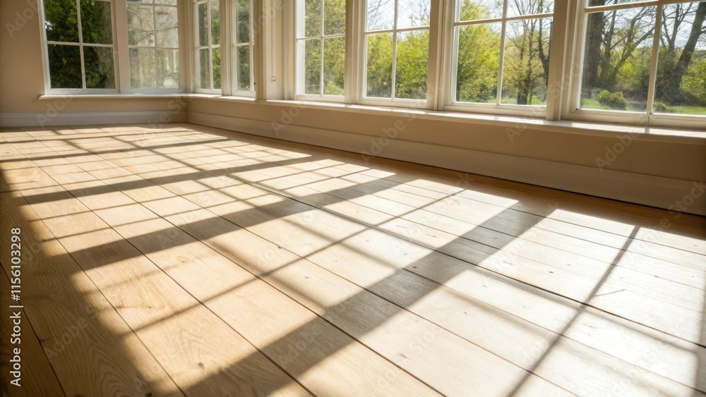 Poster Sunlight filters through a large window casting intricate shadows of the exposed beams across the lightcolored hardwood floor creating a warm and inviting atmosphere.