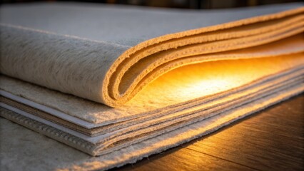 Textural closeup of a pile of underlayment sheets capturing the soft feltlike upper layer contrasted against the firmer base illuminated by warm lighting.