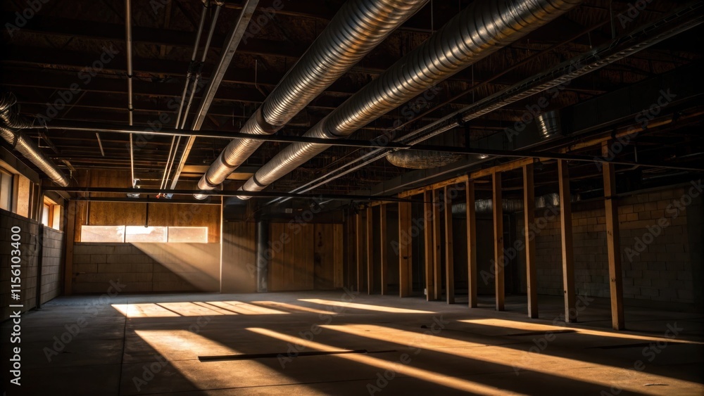 Poster shadows dance across the exposed beams as overhead ductwork ss through the space with uneven surface