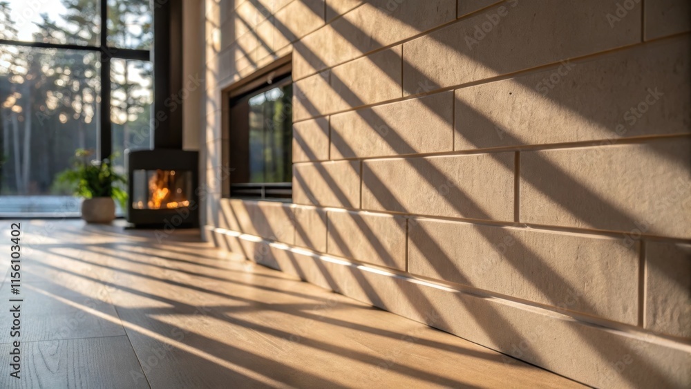 Poster Shadows play across the walls surface where sunlight hits creating a soft gradient effect that will resonate beautifully with the light cast from the future fireplace.