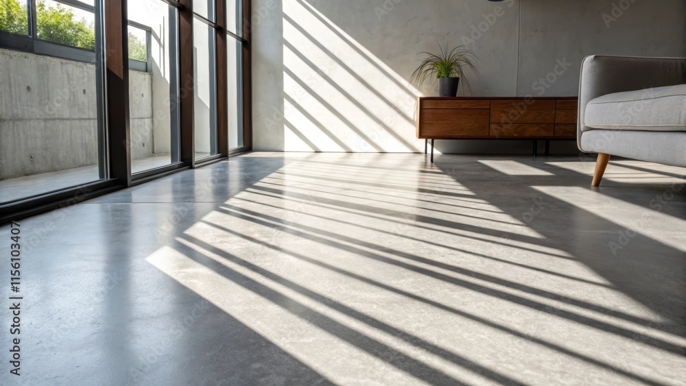 Poster shadows from a nearby piece of furniture stretch across the smooth concrete creating a striking visu