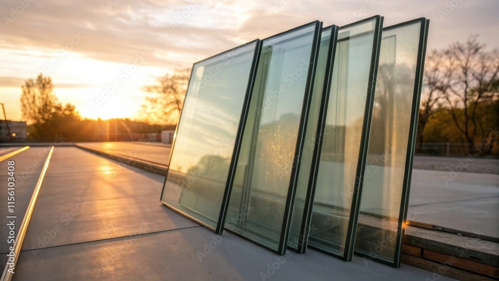 Leinwandbilder Several glass panels lean against one another their smooth surfaces casting gentle shadows as the afternoon sun streams in illuminating the space with a warm glow.