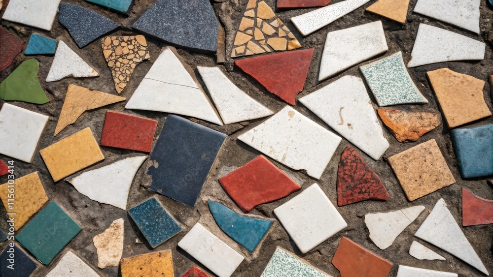 Poster Sections of irregularly shaped tiles each differing in hue and size create a visual cacophony resembling artfully arranged debris from a broken landscape.