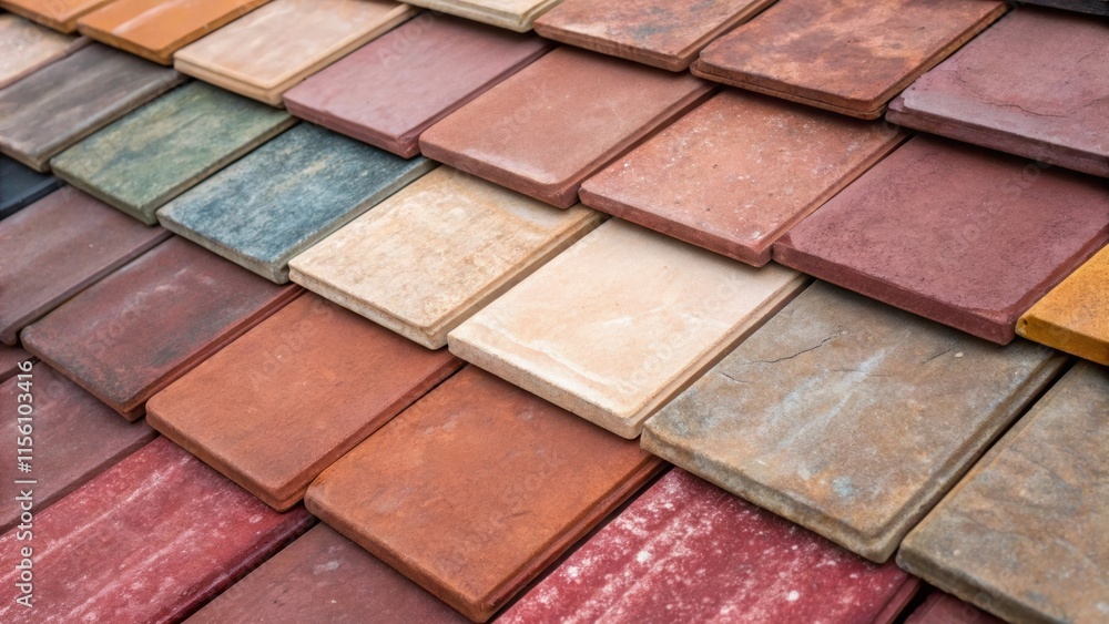 Poster Pieces of tile are layered in an organic pile revealing a surprising palette of colors ranging from deep reds to soft pastels with uneven surfaces that evoke a sense of artistry