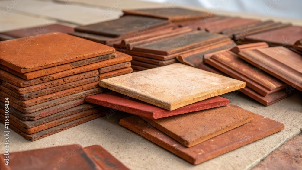 Poster Scraps of rustic terra cotta tiles with varied textures showing hints of earthy reds and browns piled with some tiles slightly askew creating an inviting warm atmosphere.