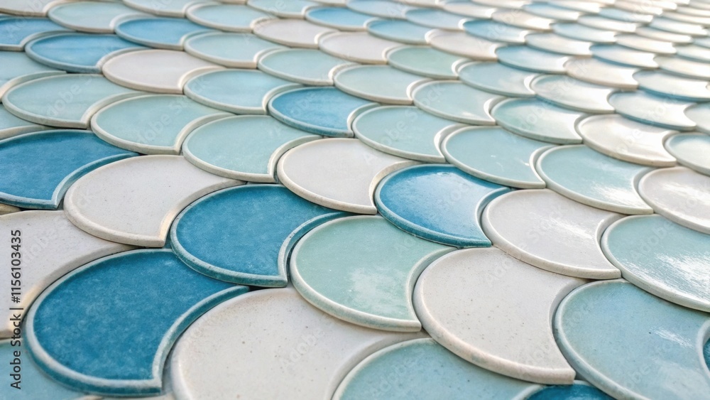 Aufkleber Scalloped edge tiles arranged in a wave pattern combining soft blues and whites that evoke a sense of tranquility and fluidity.