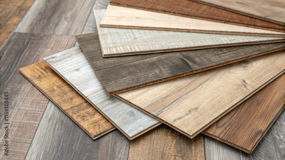 Poster Overlapping laminate planks displaying a mix of light and dark shades with some edges frayed and worn creating an impression of neglect and past liveliness.