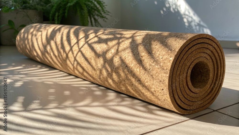 Poster Shadows from ambient light create a dance across the cork roll showcasing its topography with subtle highlights that draw attention to its organic contours.