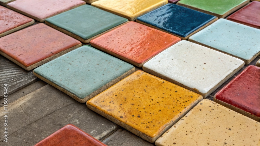 Poster Overhead view of a stack of artisanal clay tiles each uniquely handpainted in vibrant hues revealing the delicate brushstrokes and microscopic imperfections that celebrate their