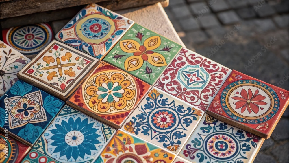 Aufkleber Overhead view of a colorful tile collection with each piece showcasing a different cultural motif stacked haphazardly yet harmoniously creating a patchwork of global artistry.
