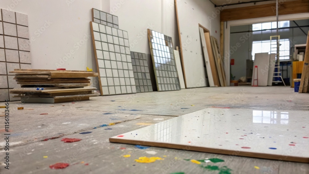 Poster paint flecks decorate the floor remnants of past endeavors while in the distance a stack of mirror t