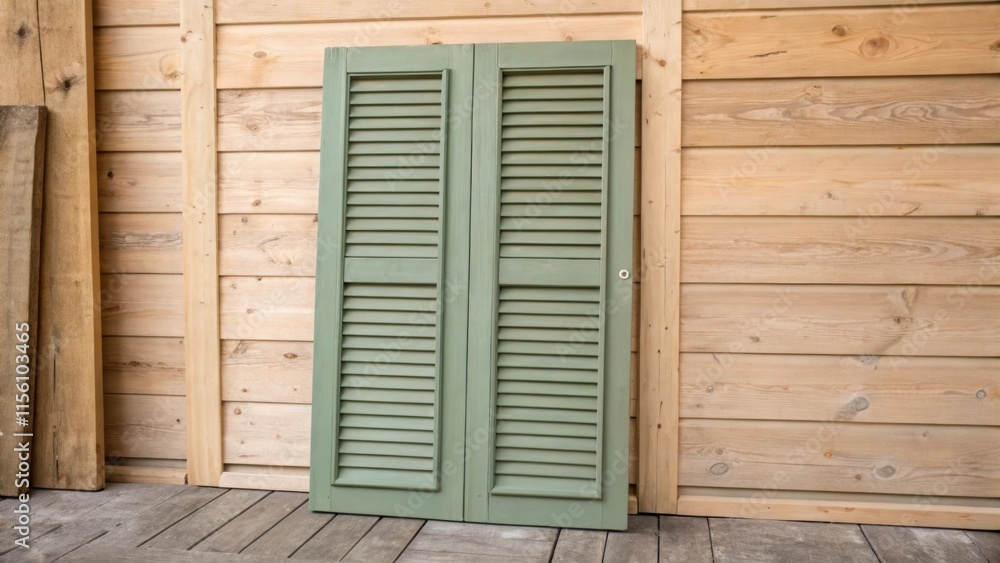Poster muted sage green shutters rest against a natural wood wall the subtle tones complementing one anothe