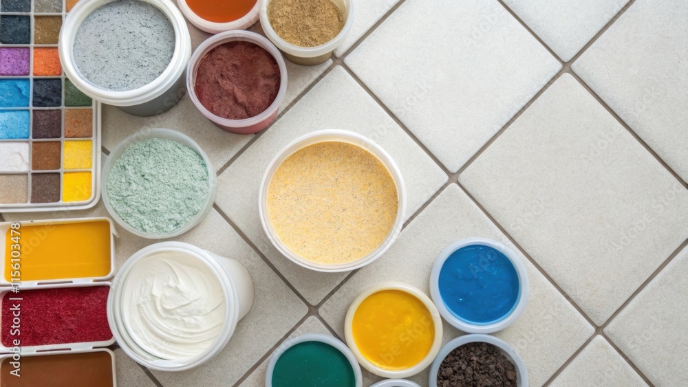 Poster overhead shot of various grout and adhesive containers artfully tered with the clean floor providing