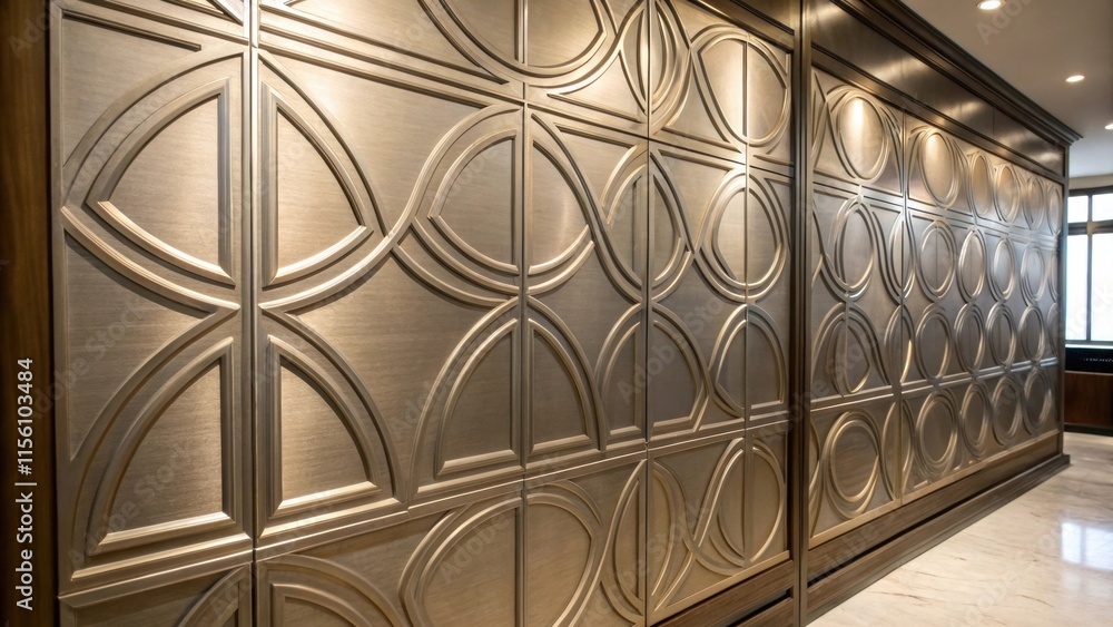 Poster Metallic wall panels with a brushed finish reflect light in a way that adds depth and character while the interlocking designs suggest a modern aesthetic.