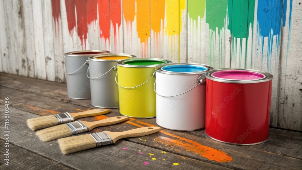 Poster Multiple paint cans create a symphony of colors against a rustic wall. A couple of brushes lie casually on the floor paint splatters decorating the nearby surface like little works