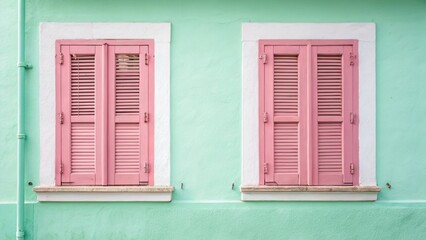 Fototapeta premium Pastel pink shutters against a mint green wall evoke a playful and cheerful vibe each detail of the paint catching the gentle light.
