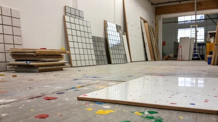 Paint flecks decorate the floor remnants of past endeavors while in the distance a stack of mirror tiles await their turn to enhance the rooms dimensions and light.