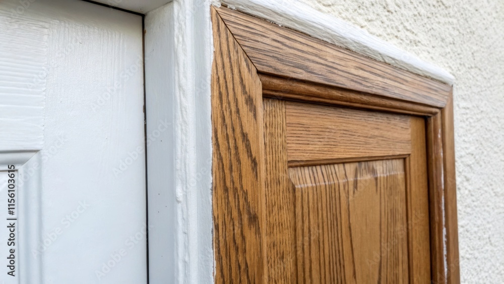 Poster grainy wood texture on a doors edge contrasts with the smooth nearly dry paint leaning against a sta
