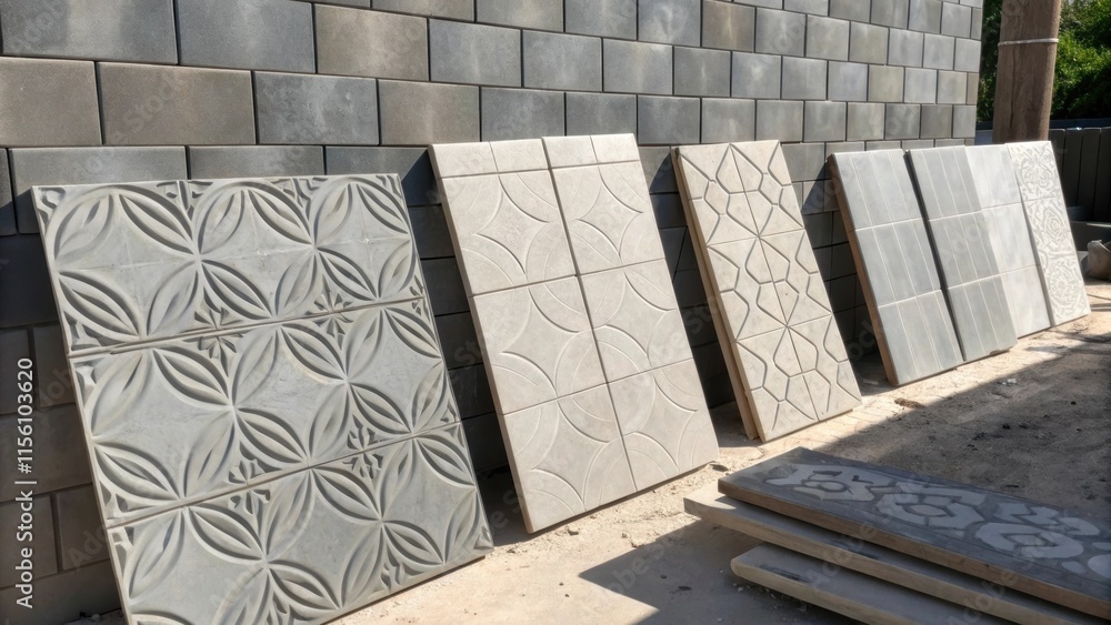 Poster Halfinstalled wall tiles in varying shades of gray showcase an artistic pattern with a few tiles still leaning against the wall awaiting secure placement.