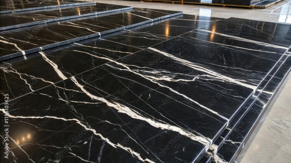 Poster glimpse of glossy black marble slabs with bold white streaks the high sheen surface catching the lig