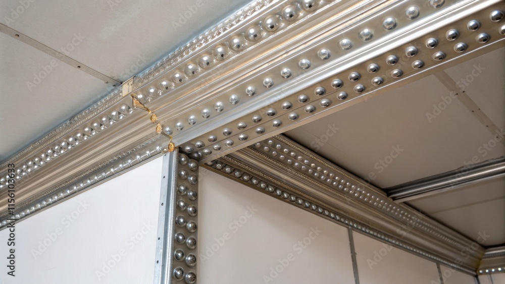 Poster glinting metal corner beads are meticulously attached to the edges of the drywall framework awaiting