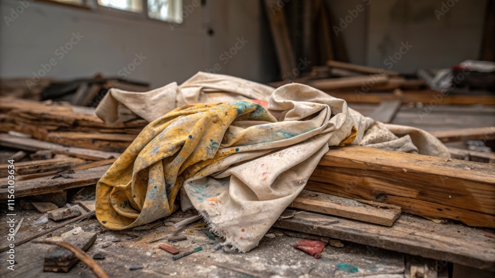 Leinwandbilder frayed and splintered wood surrounds a tangle of used rags stained from paint spills and the labor o