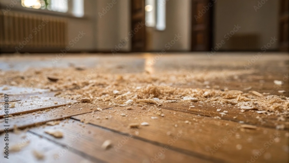 Poster glimpses of fine sawdust tered on the ground remnants of previous s made to prepare materials for pa