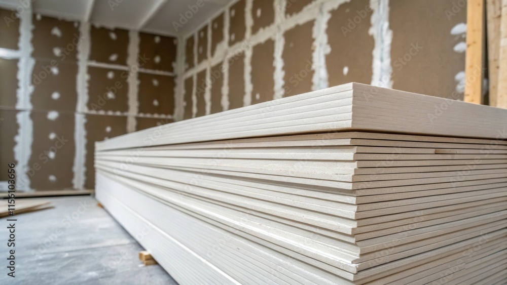 Poster focused view of a corner where numerous drywall sheets are stacked precariously revealing their clea
