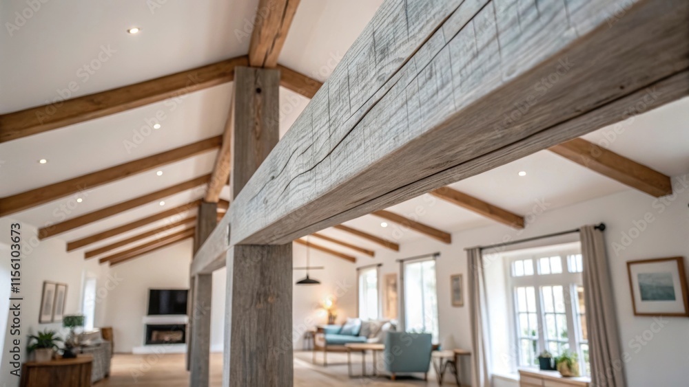 Poster Focus on a single exposed beam carefully painted in a muted color allowing its texture to show through while harmonizing with the minimalist decor that enhances the rooms airy