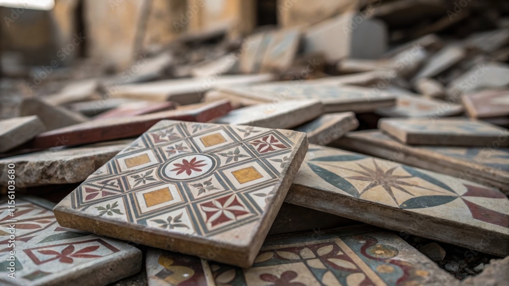 Poster Faded geometric patterns on a collection of broken tiles spill into a chaotic pile each piece whispering tales of the life and function they once embodied.