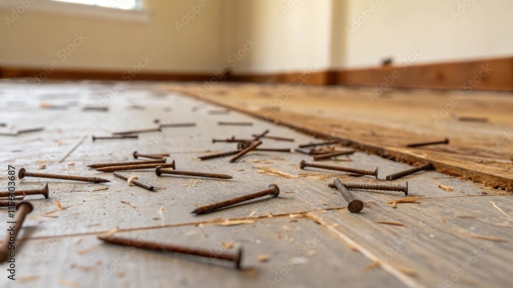 Poster floor nails tered across the subfloor with some nails still partially driven in marking the remnants
