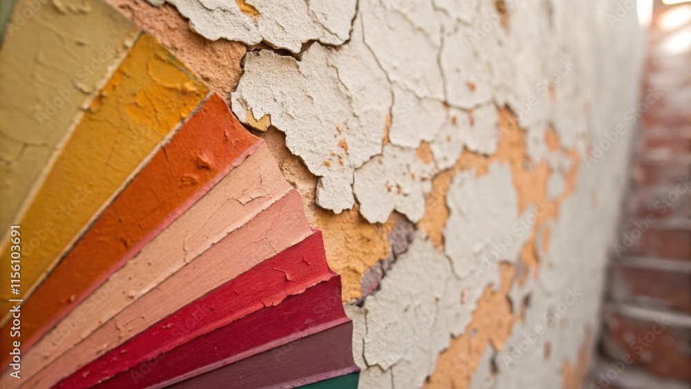 Aufkleber Extreme closeup of the corner of a paint swatch flaring slightly from the wall revealing rich hues with flecks of color variations juxtaposed against a background of peeling