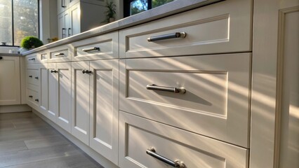 Glints of sunlight cascade onto a collection of freshly painted cabinetry drawers showcasing a smooth matte finish coupled with sleek modern handles ready to enhance any kitchen