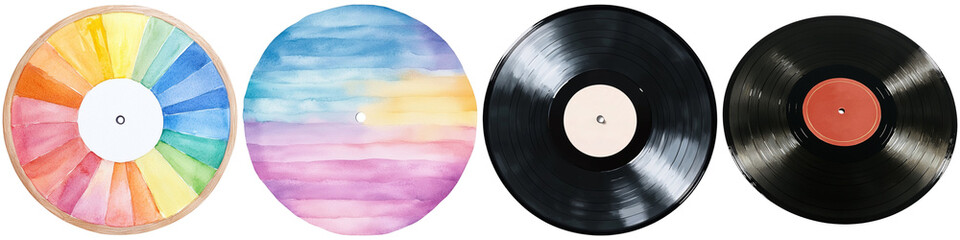 Obraz premium National Retro Day memories, Four vinyl records featuring colorful designs, including abstract patterns and classic black finishes.