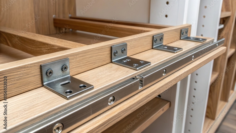Poster detailed shot of metal brackets waiting to be installed on a smooth empty closet frame showcasing th