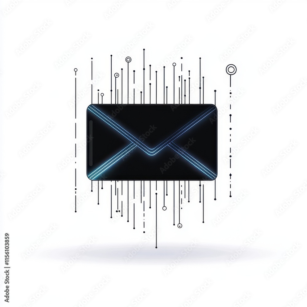 Poster a digital envelope floating with abstract data elements in a futuristic design.