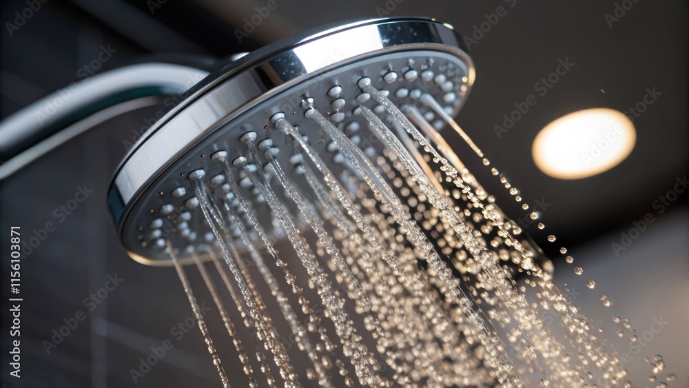 Poster delicate cascades of water tumble from a futuristic shower head with the closeup revealing a detaile