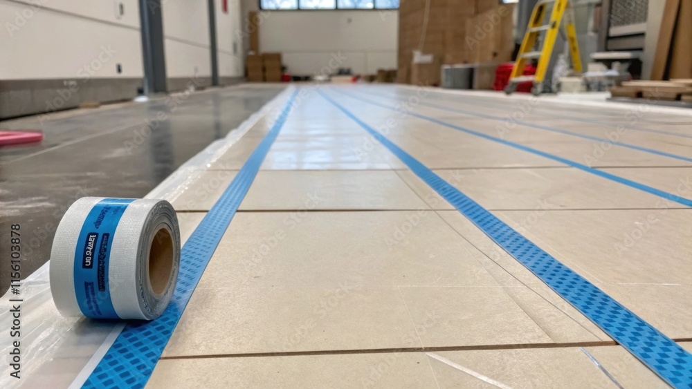 Poster Detailed image of the underlayment seams expertly taped together creating a continuous barrier that will ensure durability and longevity of the tile finish.