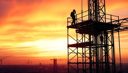 A silhouetted worker on skyscraper scaffolding at sunset with a cityscape backdrop.