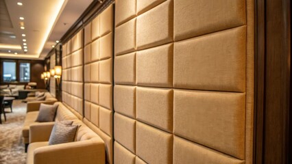Detailed shot of acoustic panels with a plush fabric surface emphasizing the warm beige tones that blend seamlessly with the cozy atmosphere of the room.