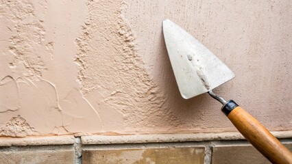 Detailed closeup of a freshly rendered wall its texture soft and inviting with a dull shimmer. Just beside it a trowel sits eagerly awaiting cleaning finished but still flecked