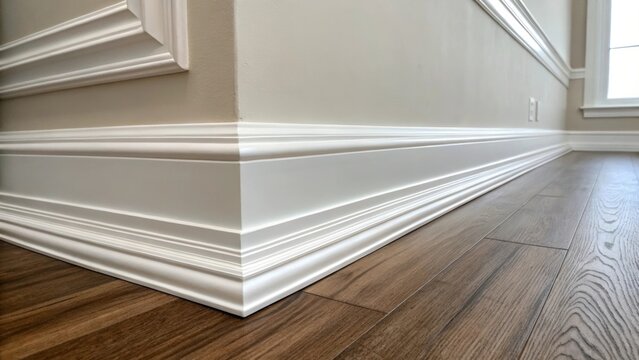 Detailed shot of a baseboard molding running along the floor painted a fresh white contrasting beautifully with the unembellished wall above.