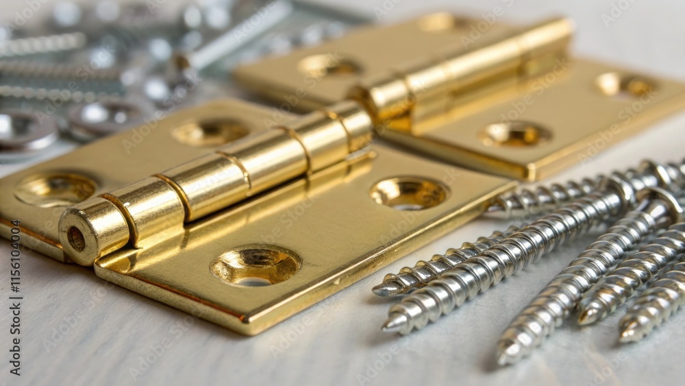 Poster closeup view of a collection of shiny brass hinges their intricate details glimmering under a soft l