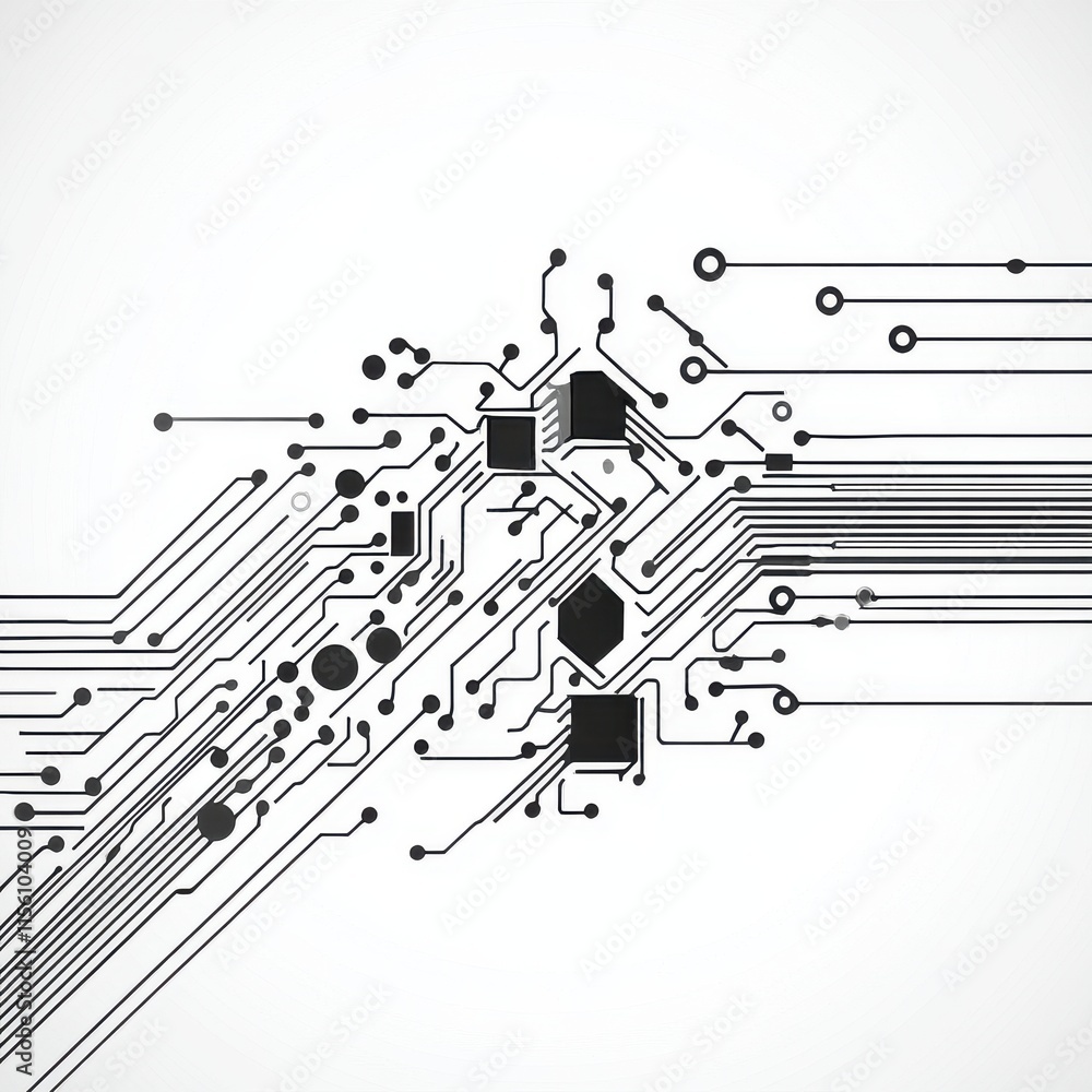 Poster abstract black and white circuit board design featuring lines and nodes.
